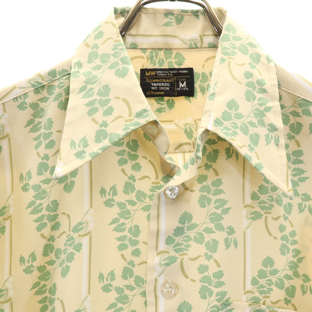 TOWNCRAFT タウンクラフト 70s ヴィンテージ 衿芯 総柄 半袖 ボックスシルエット シャツ M ベージュ×グリーン メンズ