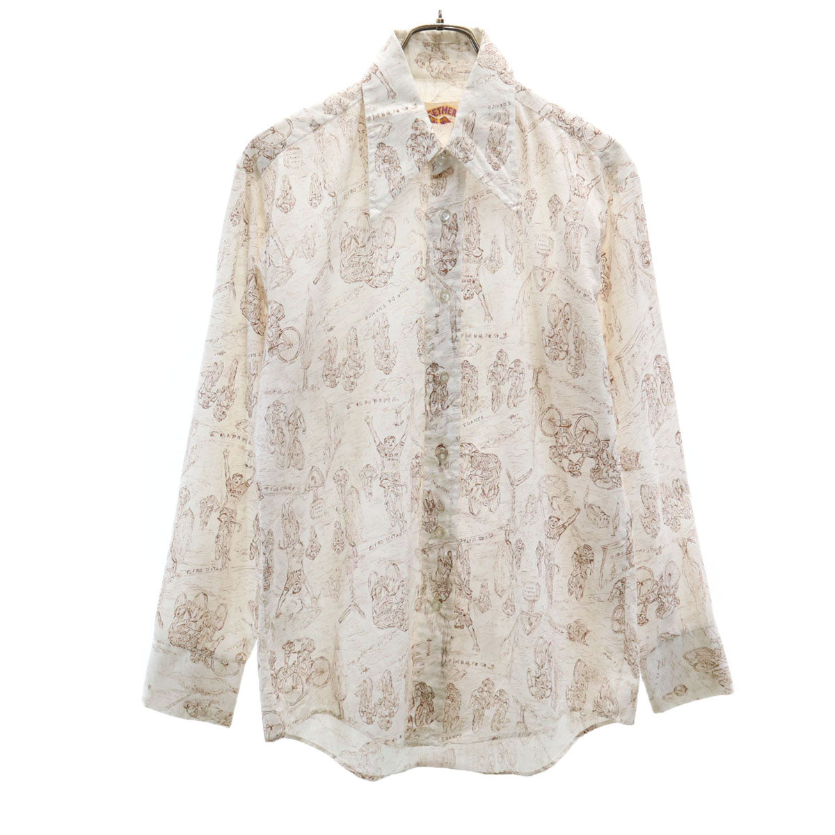 70s ヴィンテージ USA製 衿芯 総柄 長袖 コットンシャツ M ホワイト メンズ
