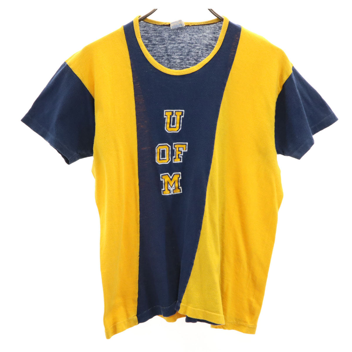 Champion チャンピオン 70s ヴィンテージ USA製 バータグ後期 半袖 シングルステッチ カレッジロゴ Tシャツ L ネイビー×イエロー ミシガン大学 メンズ