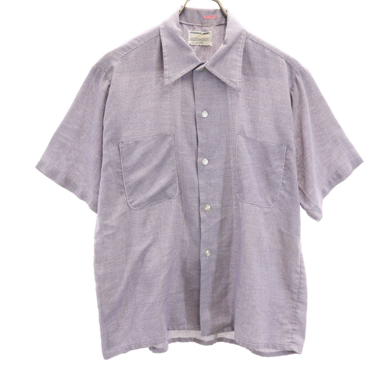 70s USA製 ヴィンテージ チェック柄 半袖 シャツ M ネイビー permanent press メンズ