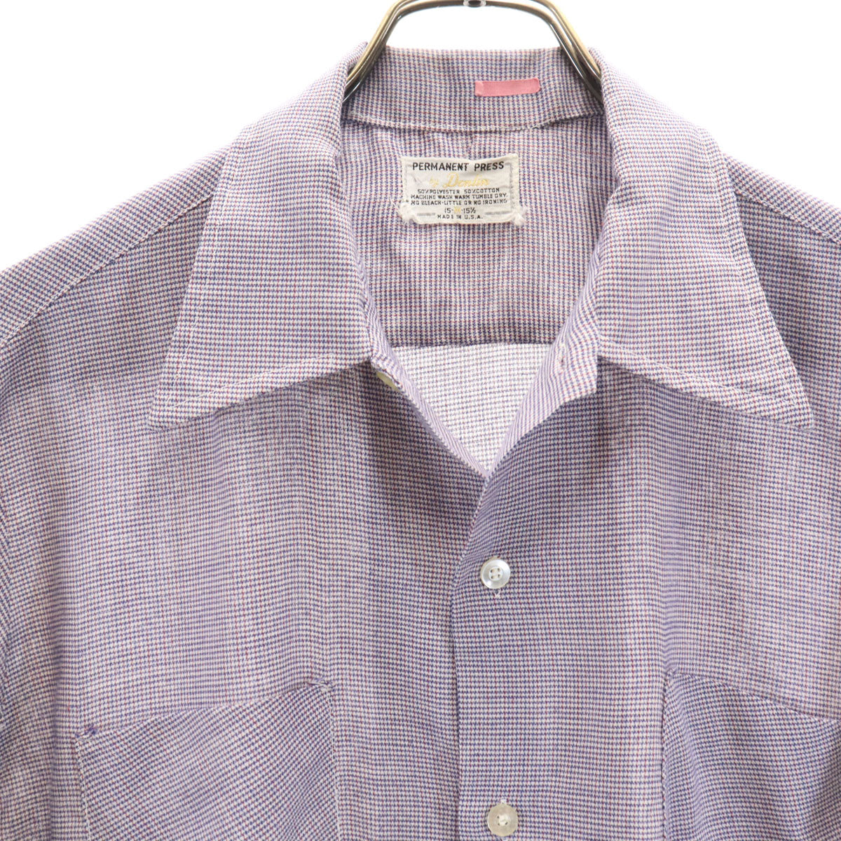 70s USA製 ヴィンテージ チェック柄 半袖 シャツ M ネイビー permanent press メンズ