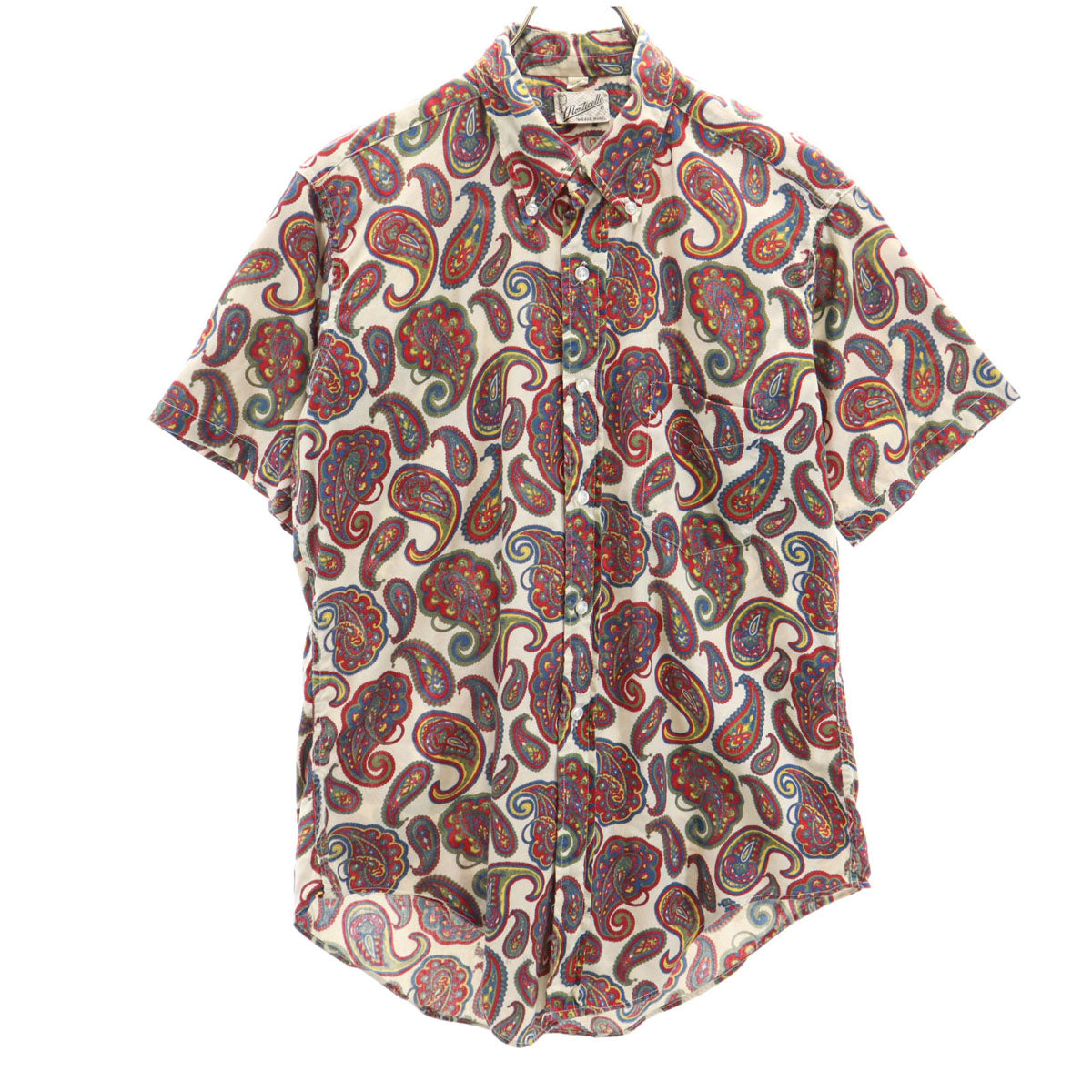 70s ヴィンテージ ペイント柄 半袖 ボタンダウンシャツ M グレージュ メンズ