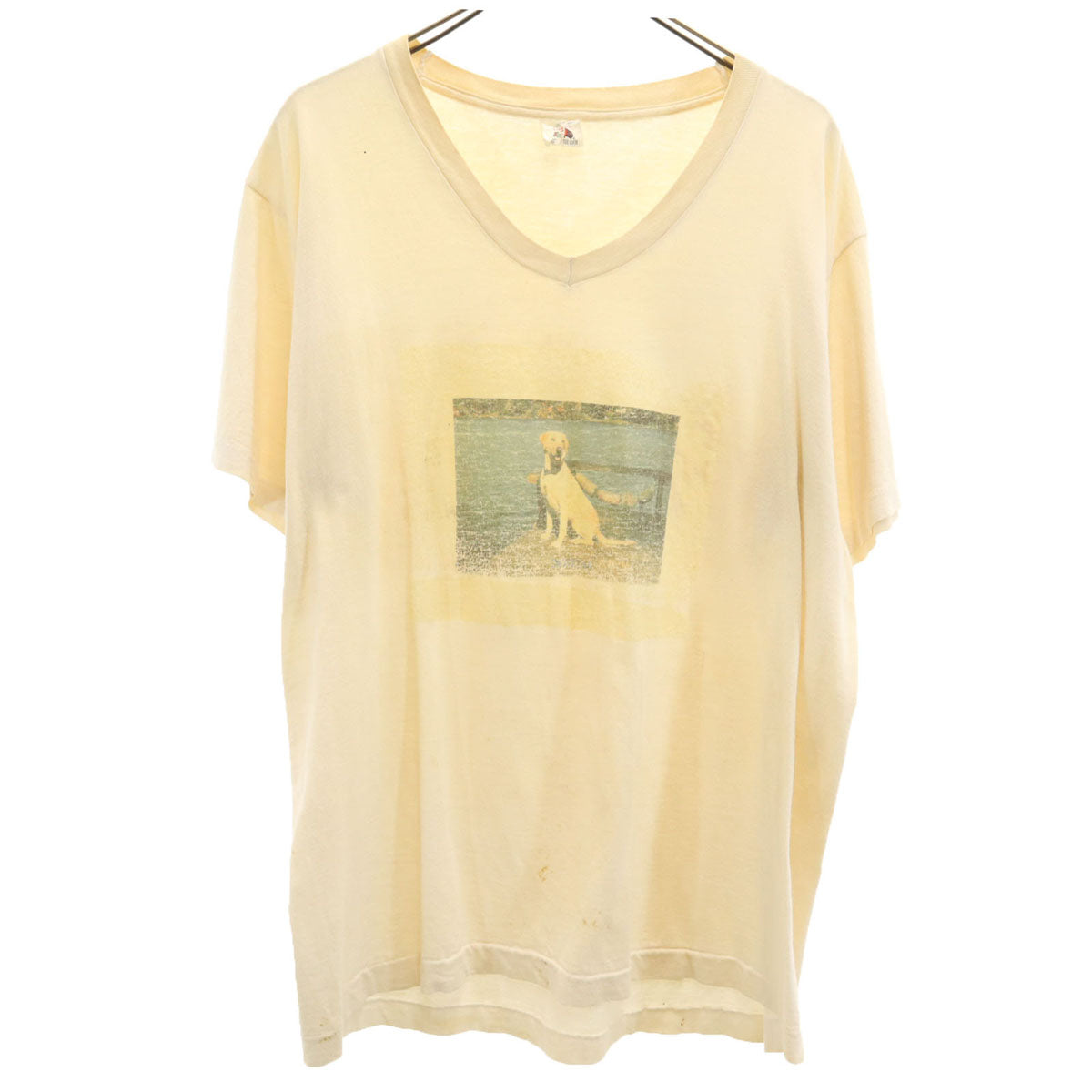 FRUIT OF THE LOOM フルーツオブザルーム 90s オールド USA製 犬 半袖 シングルステッチ Vネック Tシャツ XL ベージュ メンズ