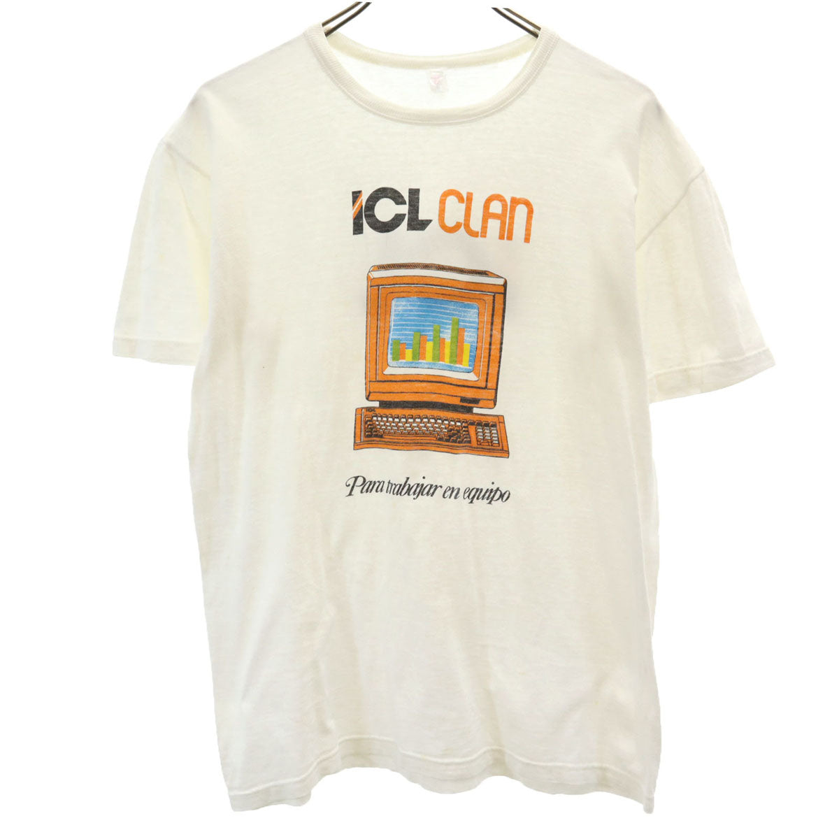 VINTAGE ヴィンテージ 80s スペイン製 ユーロ 半袖 染み込みプリント 企業 Tシャツ 5 ホワイト ICL メンズ