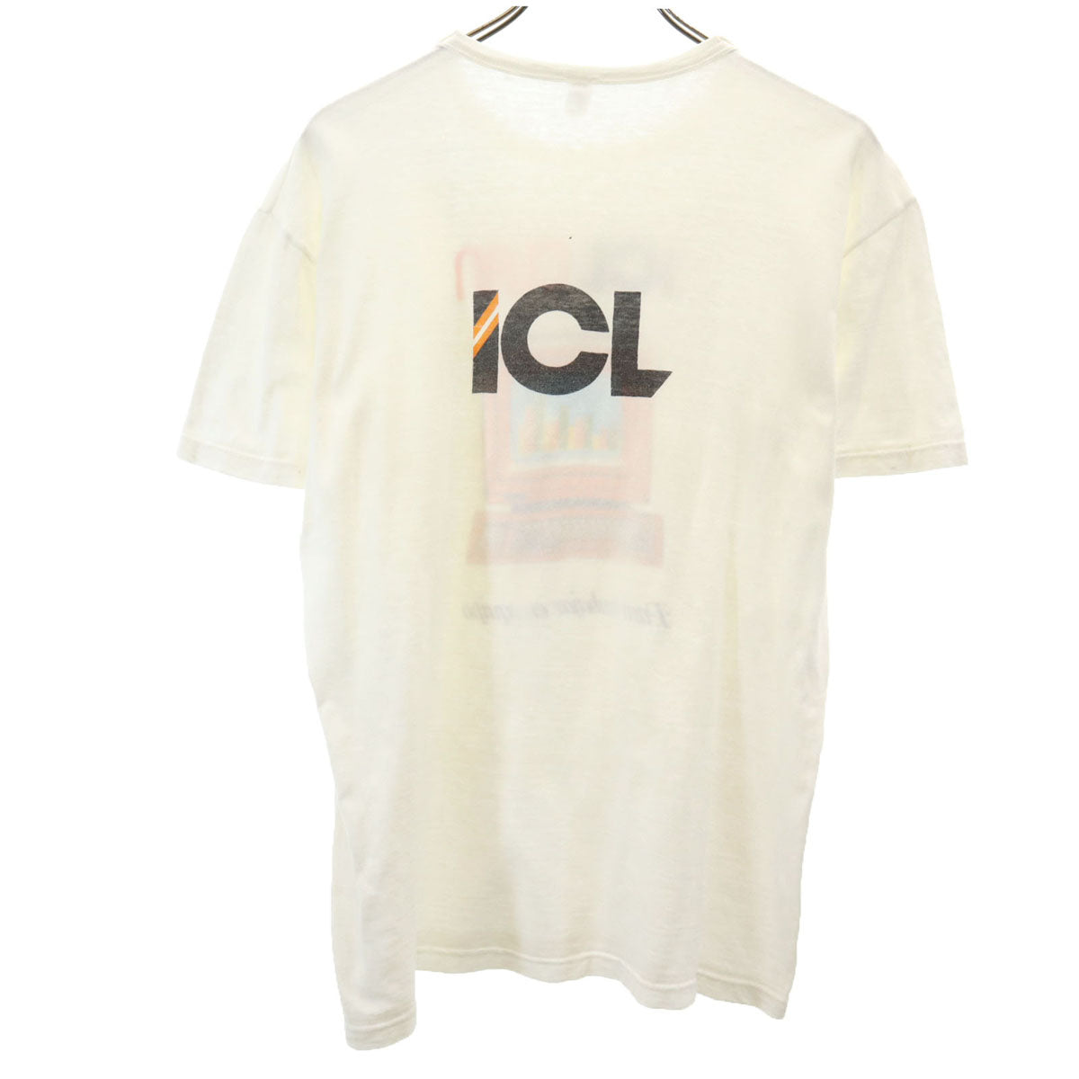 VINTAGE ヴィンテージ 80s スペイン製 ユーロ 半袖 染み込みプリント 企業 Tシャツ 5 ホワイト ICL メンズ