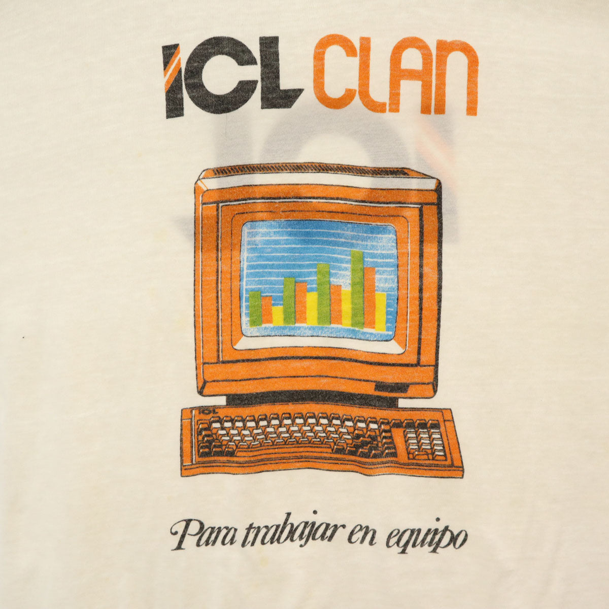 VINTAGE ヴィンテージ 80s スペイン製 ユーロ 半袖 染み込みプリント 企業 Tシャツ 5 ホワイト ICL メンズ