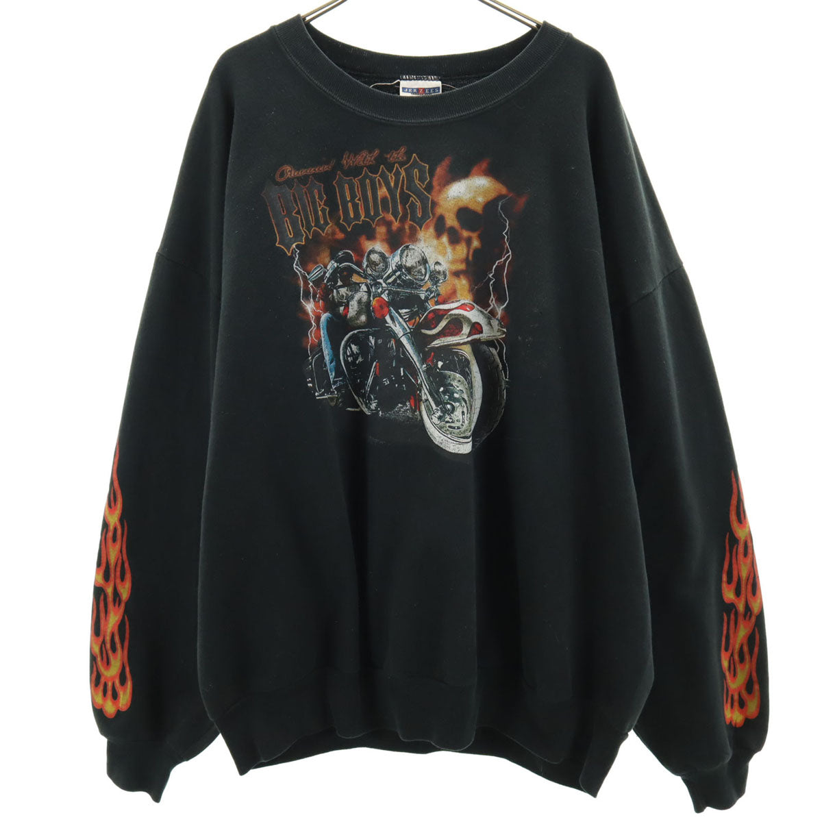 JERZEES ジャージーズ 90s 00s オールド ファイヤーパターン バイカー スカル 長袖 プリント スウェット 2XL ブラック メンズ