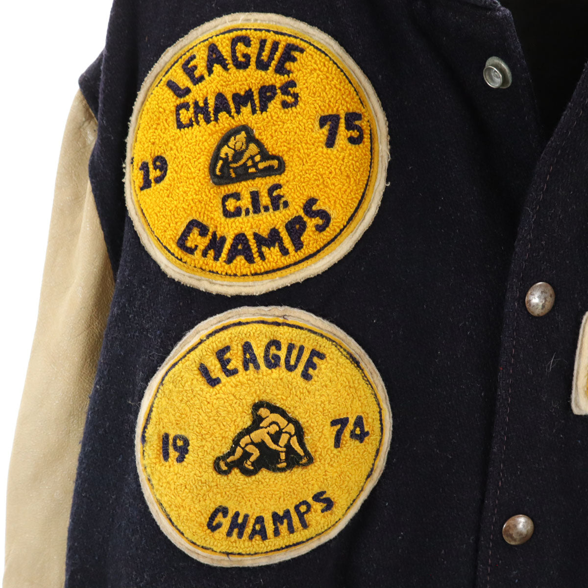 VINTAGE ヴィンテージ 70s ワッペン レザー切り替え アワード ジャケット 44 ネイビー スタジャン メンズ