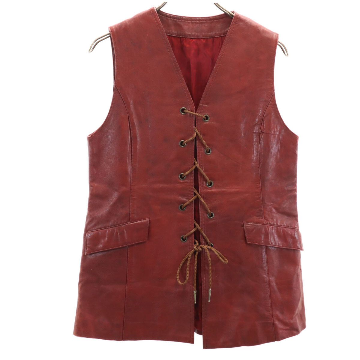レースアップ レザー ベスト レッド ユニセックス メンズ