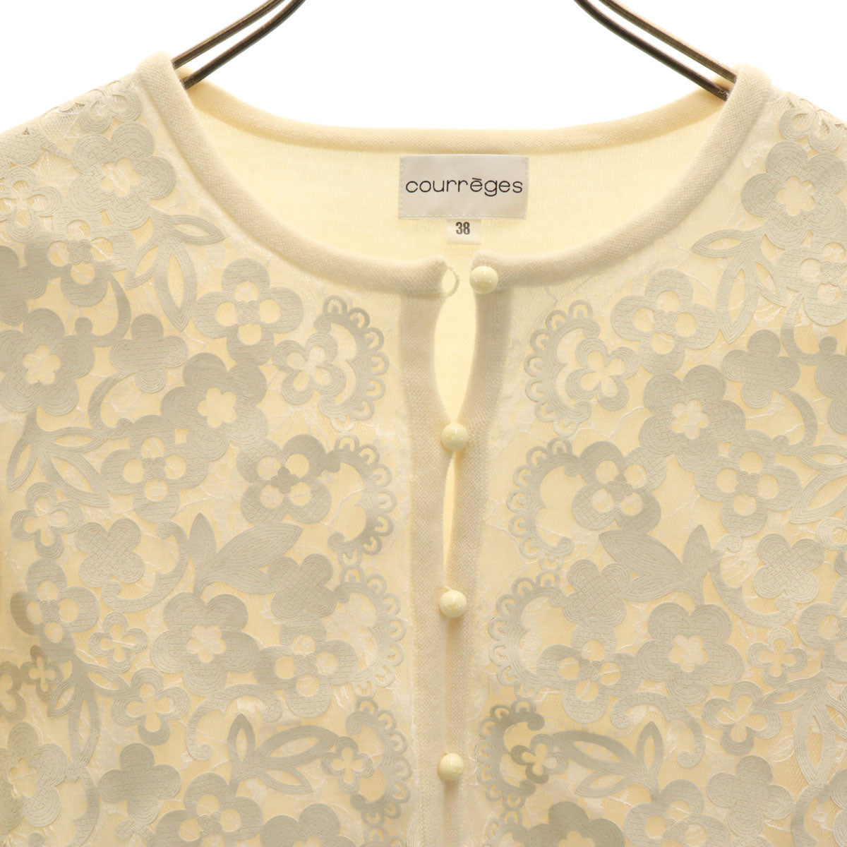 courreges クレージュ 日本製 長袖 レース切替 ニットカーディガン 38 アイボリー レディース