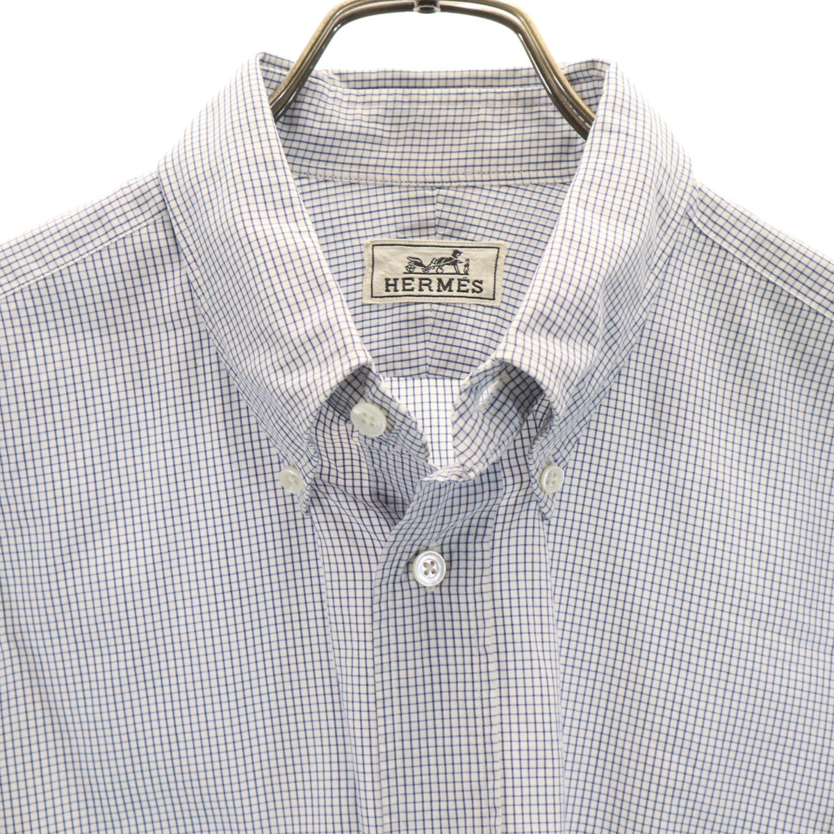 HERMES エルメス フランス製 チェック柄 長袖 ボタンダウンシャツ 42 ホワイト 他 メンズ