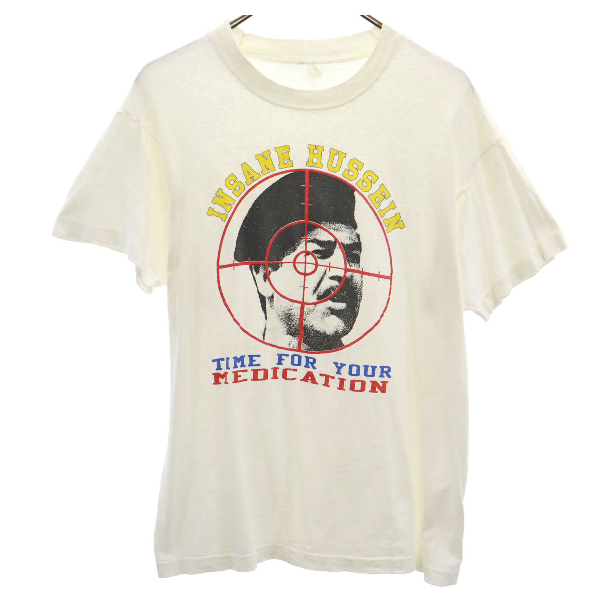 VINTAGE ヴィンテージ 80s サダムフセイン 半袖 シングルステッチ 偉人 Tシャツ ホワイト INSANE HUSSEIN メンズ