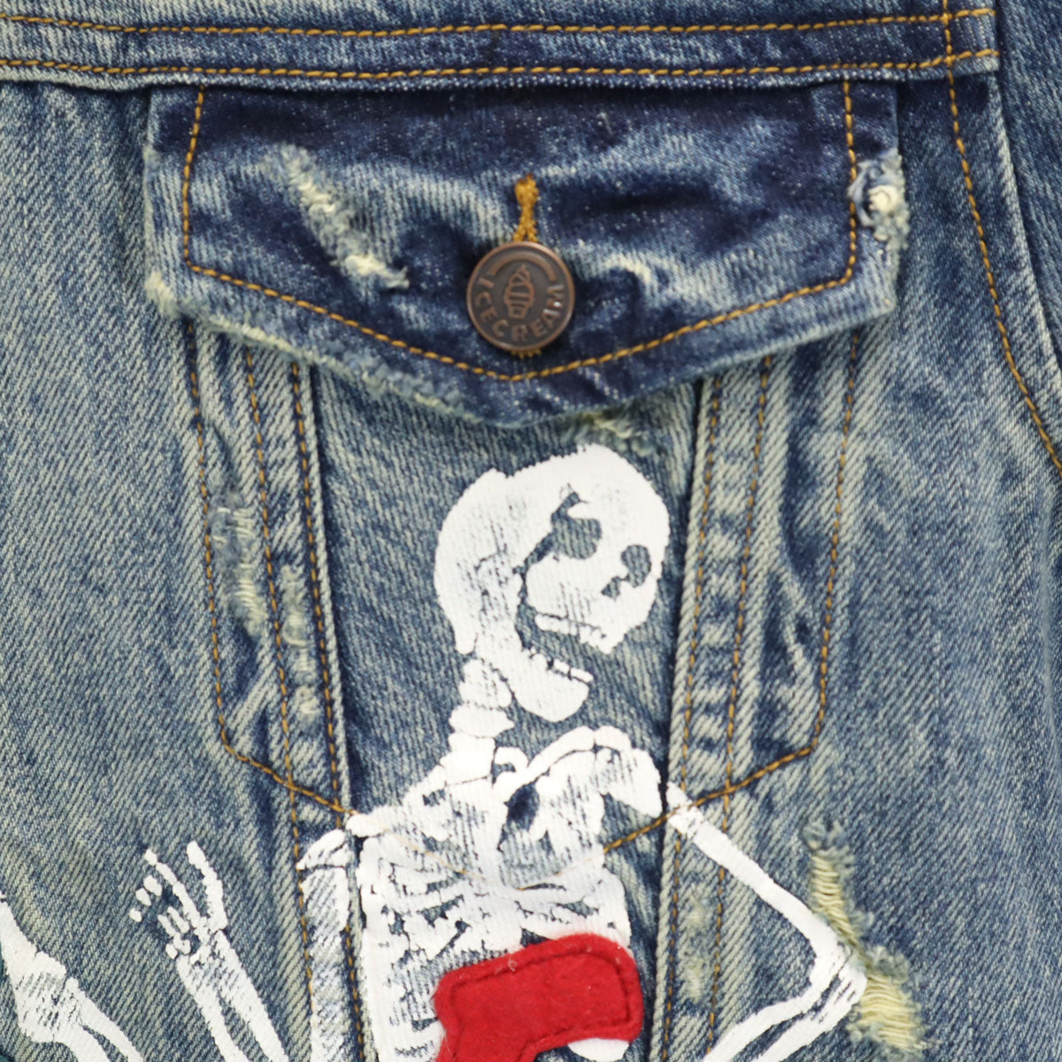 未使用 ICE CREAM アイスクリーム 骸骨 ダメージ加工 デニムジャケット S ブルー 袋付き メンズ