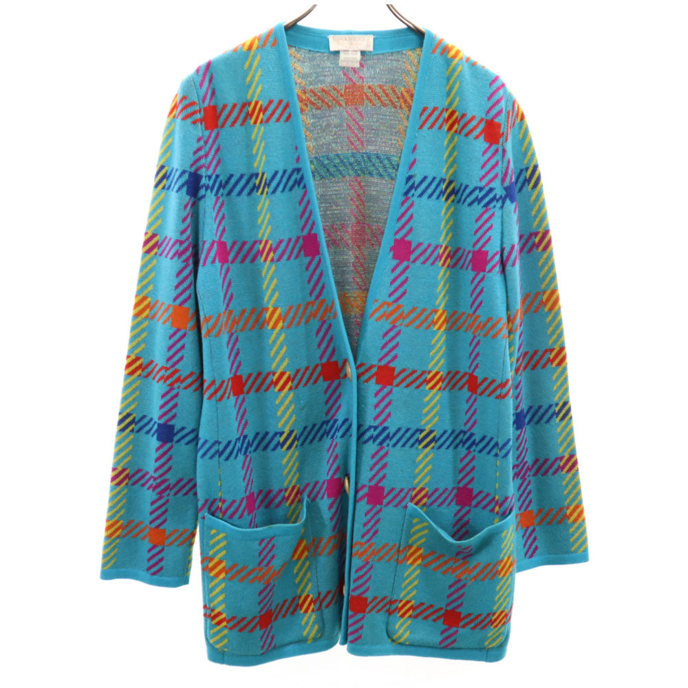 NINA RICCI ニナリッチ イタリア製 ウール100% チェック柄 長袖 Vネック ニットカーディガン 42 ブルー系 レディース