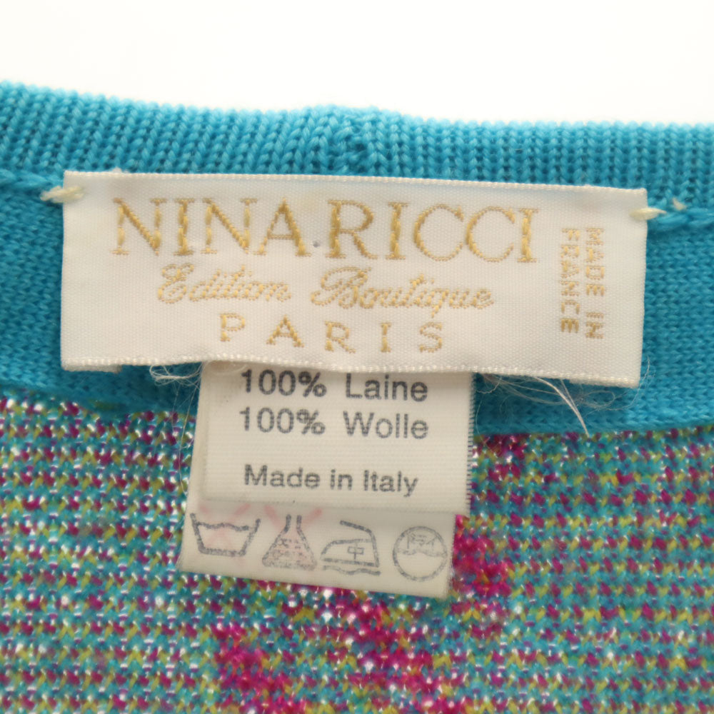 NINA RICCI ニナリッチ イタリア製 ウール100% チェック柄 長袖 Vネック ニットカーディガン 42 ブルー系 レディース