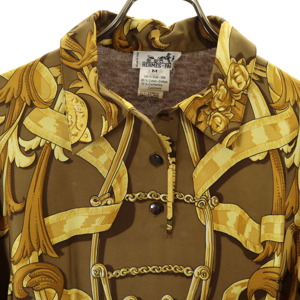 HERMES エルメス イタリア製 オールド 総柄 長袖 ニット切り替え シャツ M ブラウン レディース