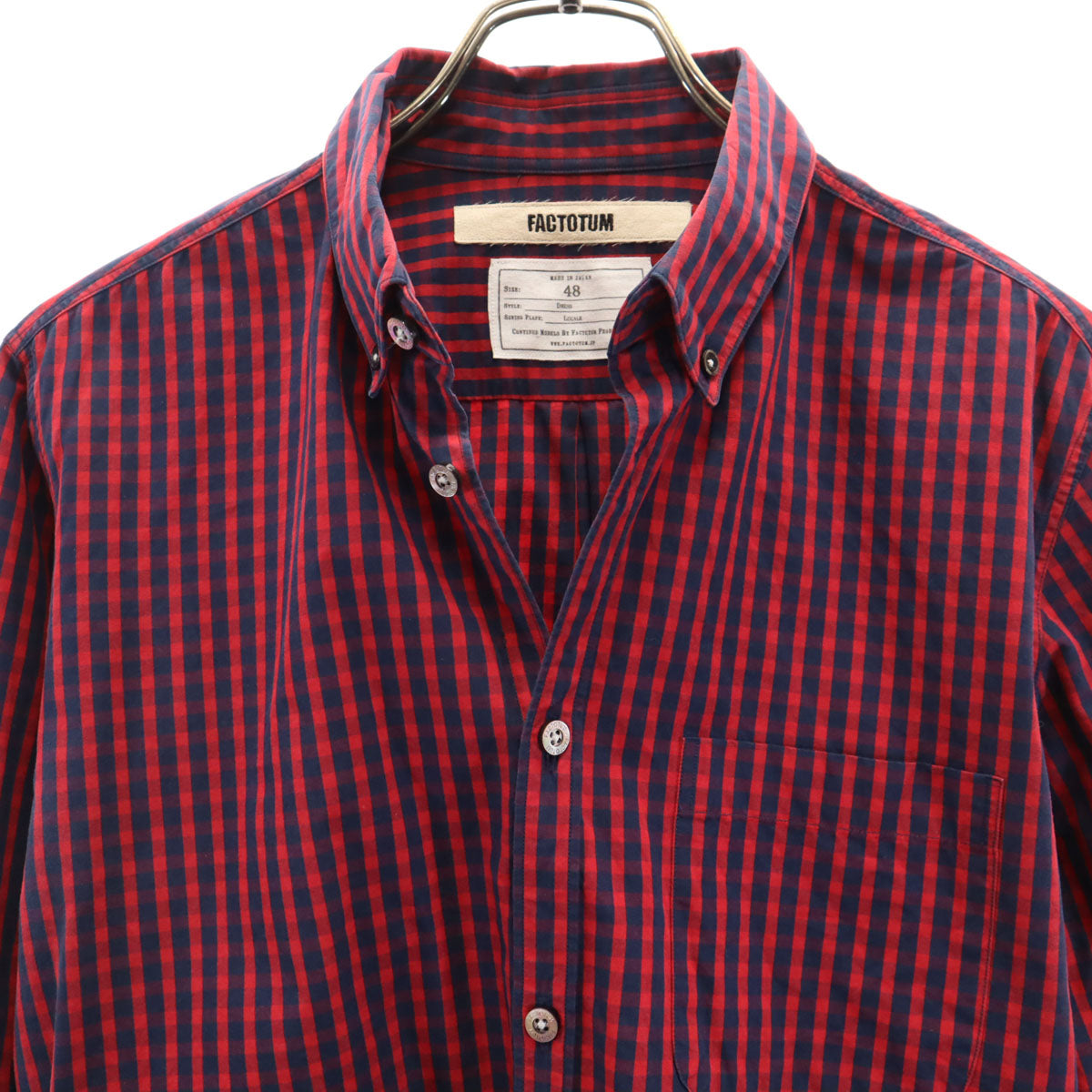 FACTOTUM ファクトタム 日本製 ギンガムチェック柄 長袖 コットンシャツ 48 レッド メンズ