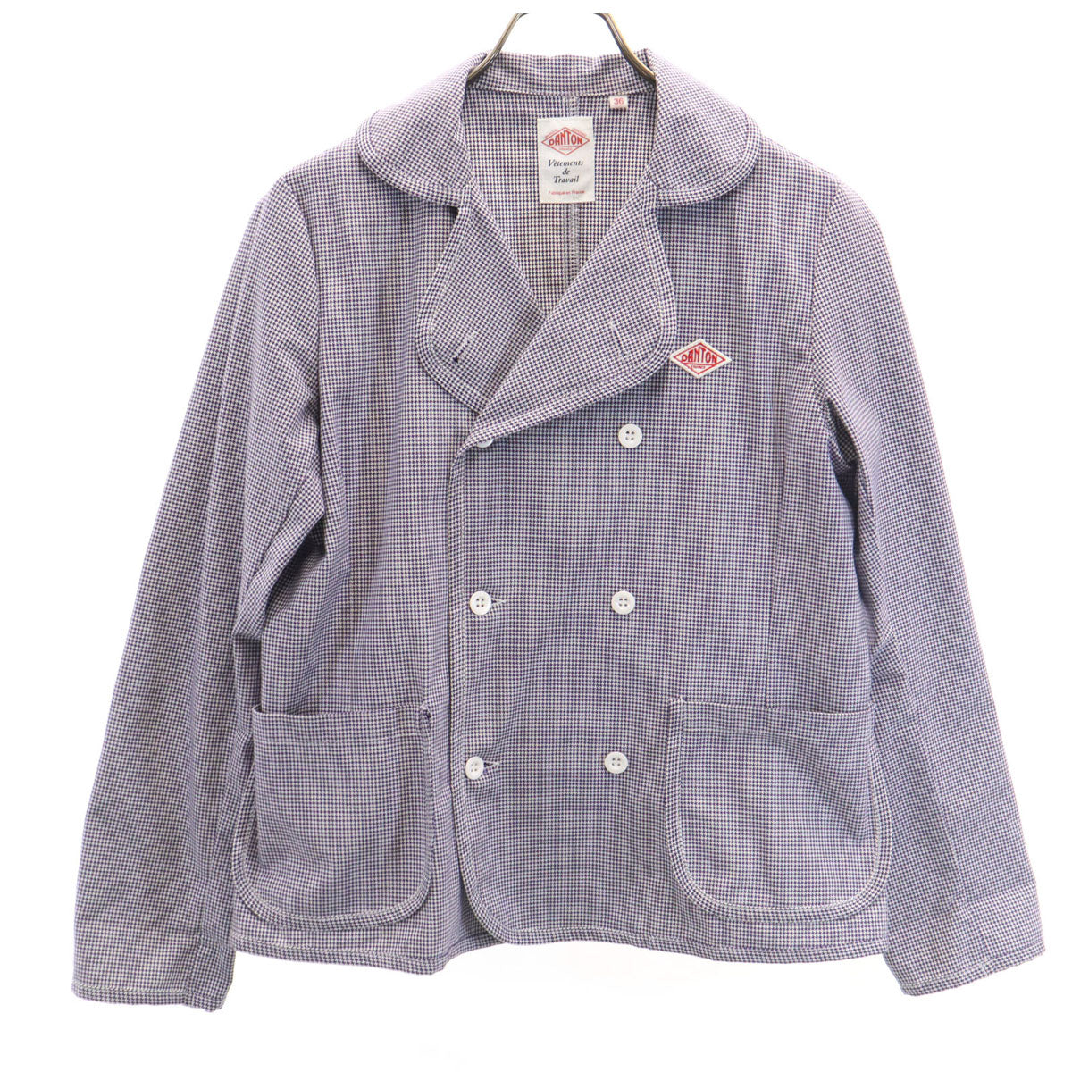 Danton ダントン フランス製 ハウンドトゥース柄 丸襟 ダブルブレスト ジャケット 36 ネイビー 千鳥格子 メンズ