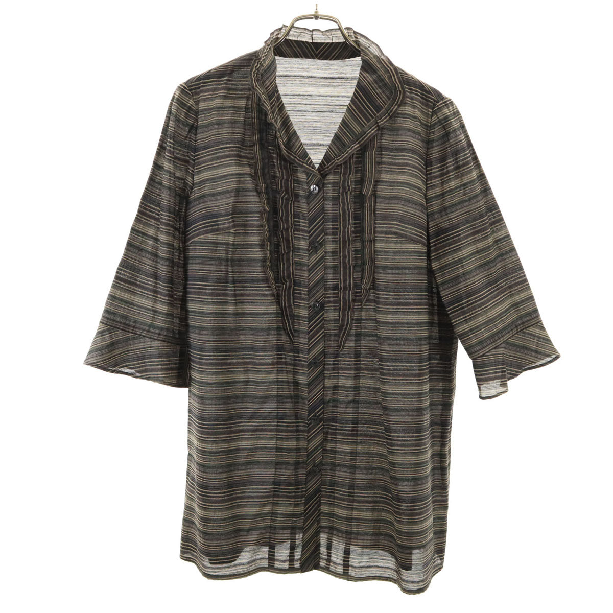 Leilian レリアン 日本製 ボーダー柄 5分袖 チュニック 9 グレー系 シャツ レディース