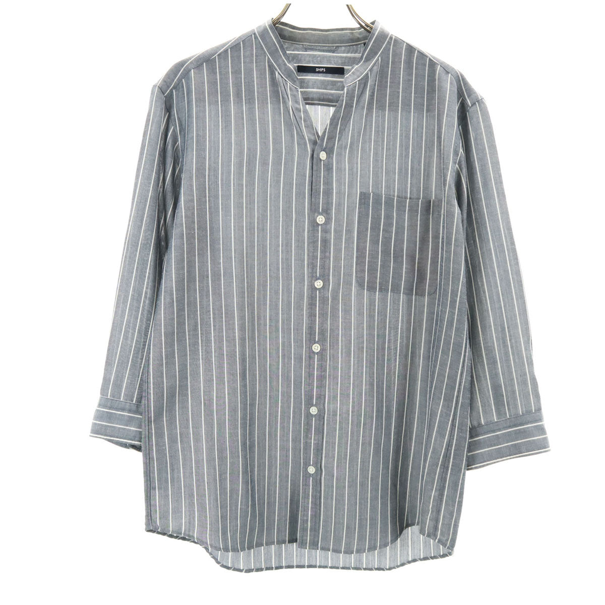 SHIPS シップス ストライプ 7分袖 オープンカラーシャツ S ネイビー系 メンズ