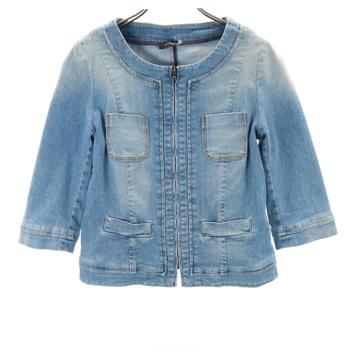 MAX&CO マックスアンドコー 7分袖 ノーカラー デニムジャケット 38 ウォッシュブルー マックスマーラ レディース