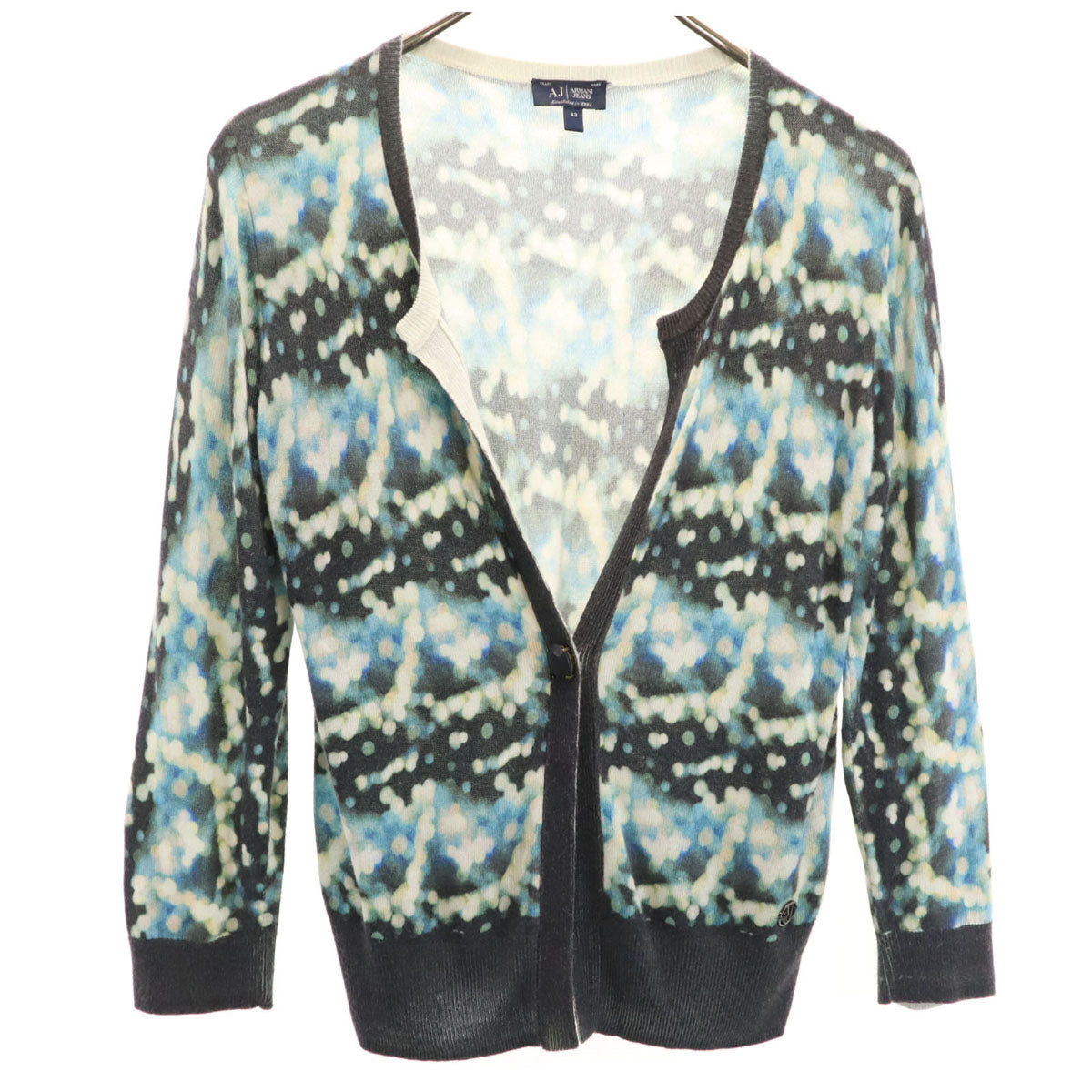 ARMANI JEANS アルマーニジーンズ 総柄 7分袖 ニットカーディガン 42 ブルー レディース