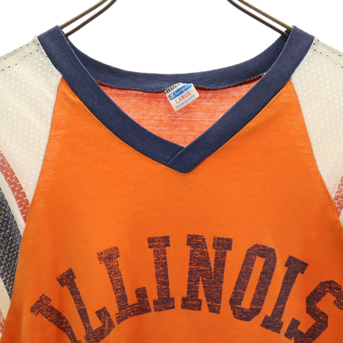 Champion チャンピオン 70s ヴィンテージ USA製 バータグ 半袖 Vネック フットボール Tシャツ L オレンジ シングルステッチ メンズ