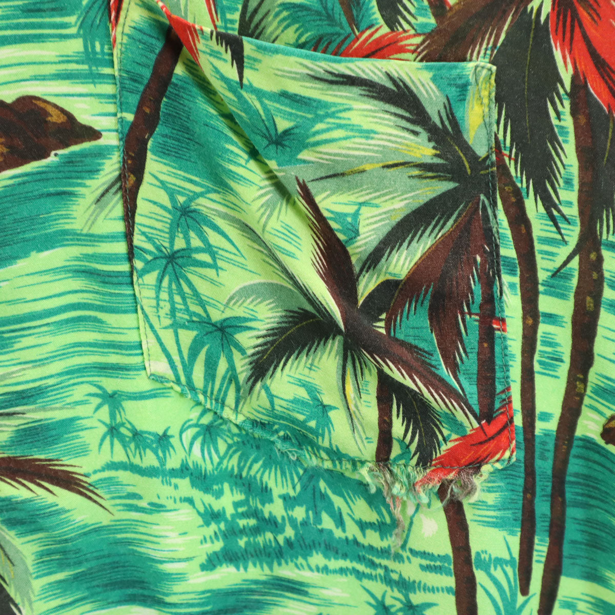 70s ヴィンテージ 衿芯 総柄 ヤシの木 半袖 シャツ グリーン メンズ