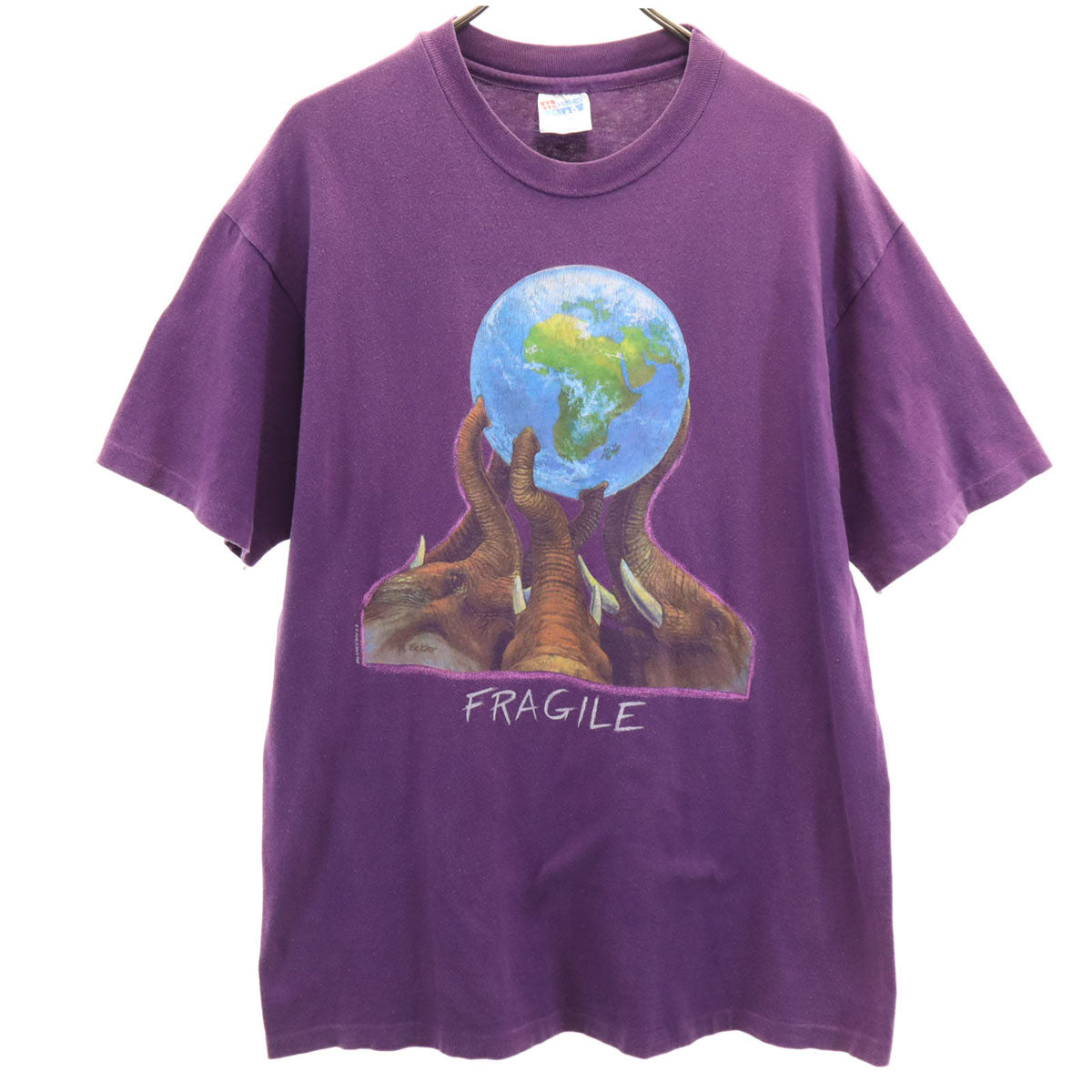 Hanes ヘインズ 90s USA製 オールド エレファント プリント 半袖 Tシャツ L パープル BEEFY-T シングルステッチ 象 アニマル メンズ