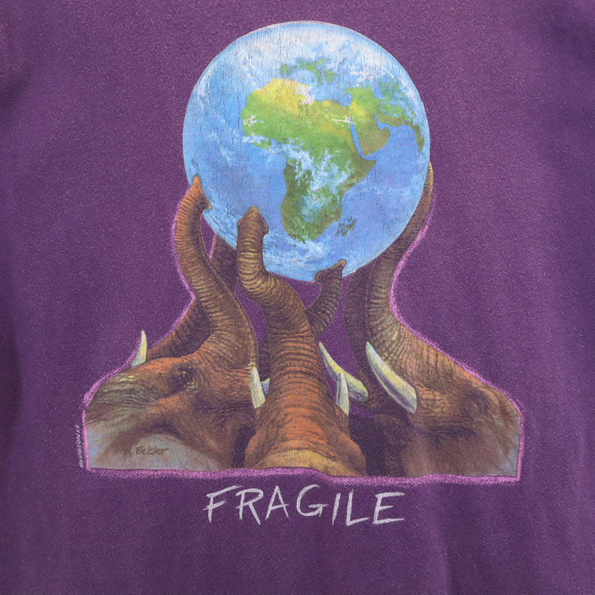 Hanes ヘインズ 90s USA製 オールド エレファント プリント 半袖 Tシャツ L パープル BEEFY-T シングルステッチ 象 アニマル メンズ