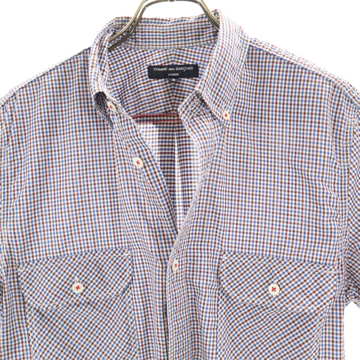 COMME des GARCONS HOMME コムデギャルソンオム 2014年 日本製 ギンガムチェック 半袖 ボタンダウンシャツ S ホワイト メンズ