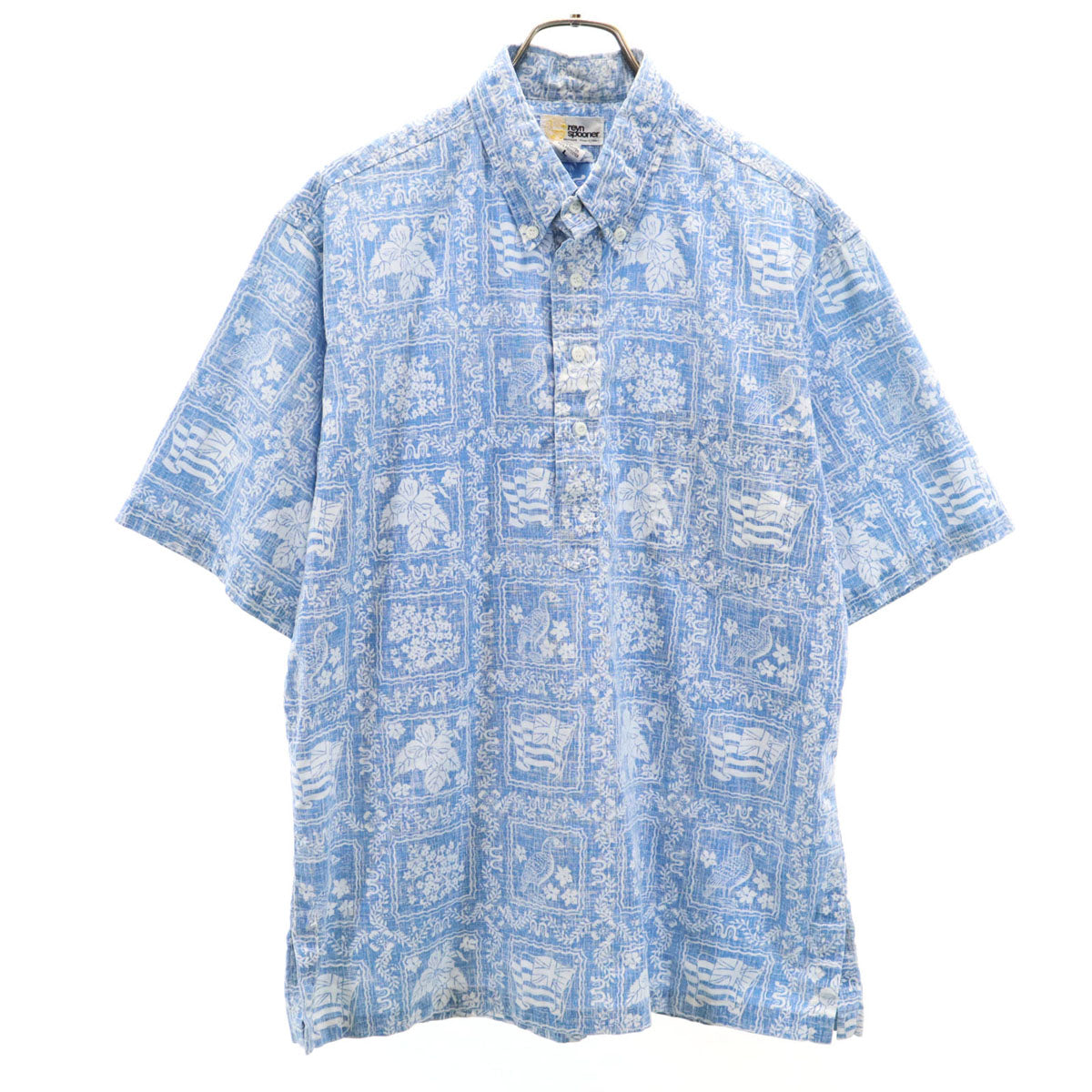 reyn spooner レインスプーナー 80s ハワイ製 ヴィンテージ 金タグ 総柄 半袖 リバーズプリント プルオーバー ボタンダウン アロハシャツ L ブルー メンズ