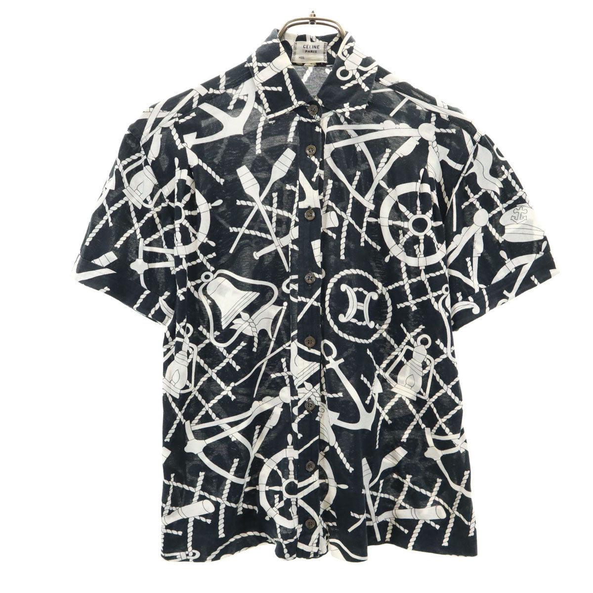 CELINE セリーヌ 90s イタリア製 オールド ジェーシーシー マリン柄 半袖 コットンシャツ 40 ブラック レディース