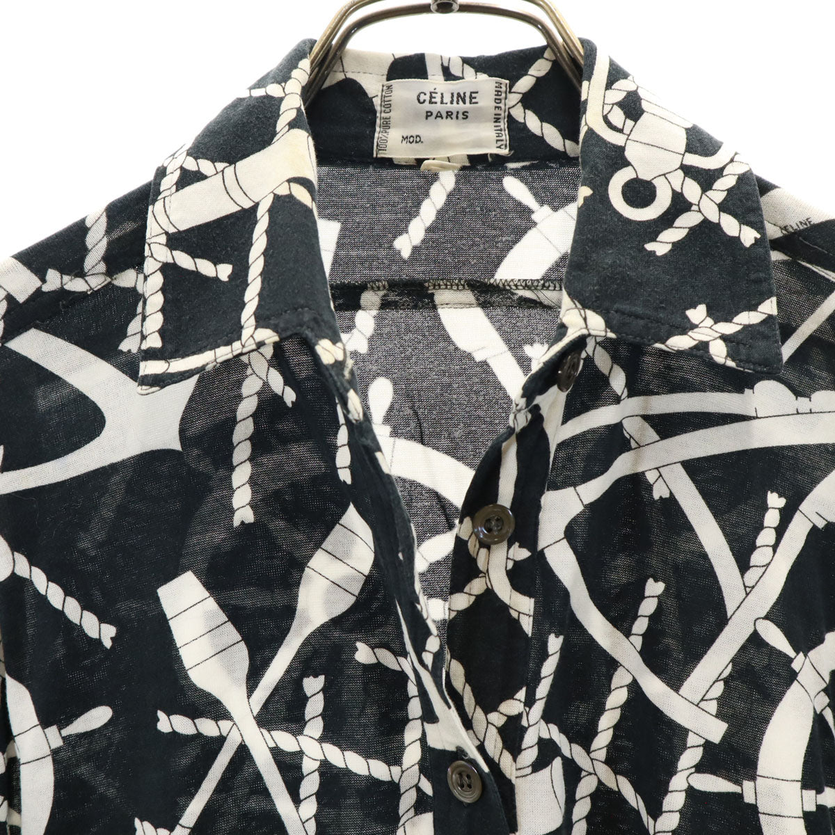 CELINE セリーヌ 90s イタリア製 オールド ジェーシーシー マリン柄 半袖 コットンシャツ 40 ブラック レディース