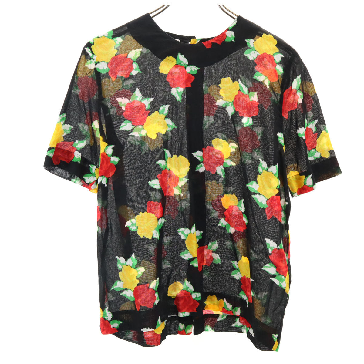 CELINE セリーヌ フランス製 バラ柄 半袖 ノーカラー ブラウス 40 ブラック レディース