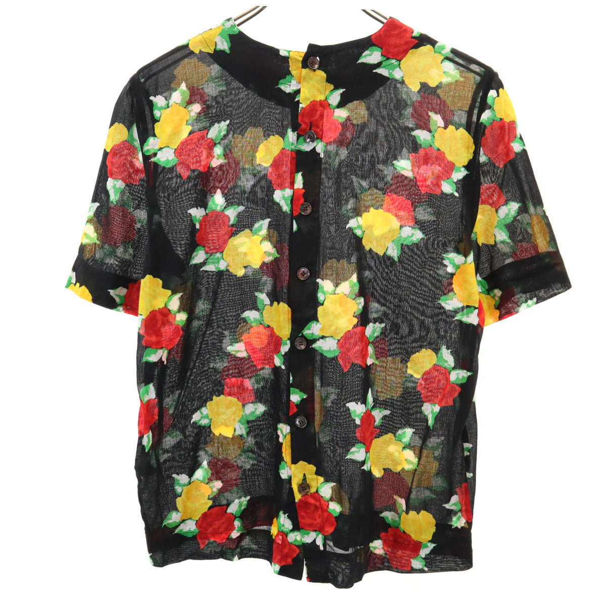 CELINE セリーヌ フランス製 バラ柄 半袖 ノーカラー ブラウス 40 ブラック レディース