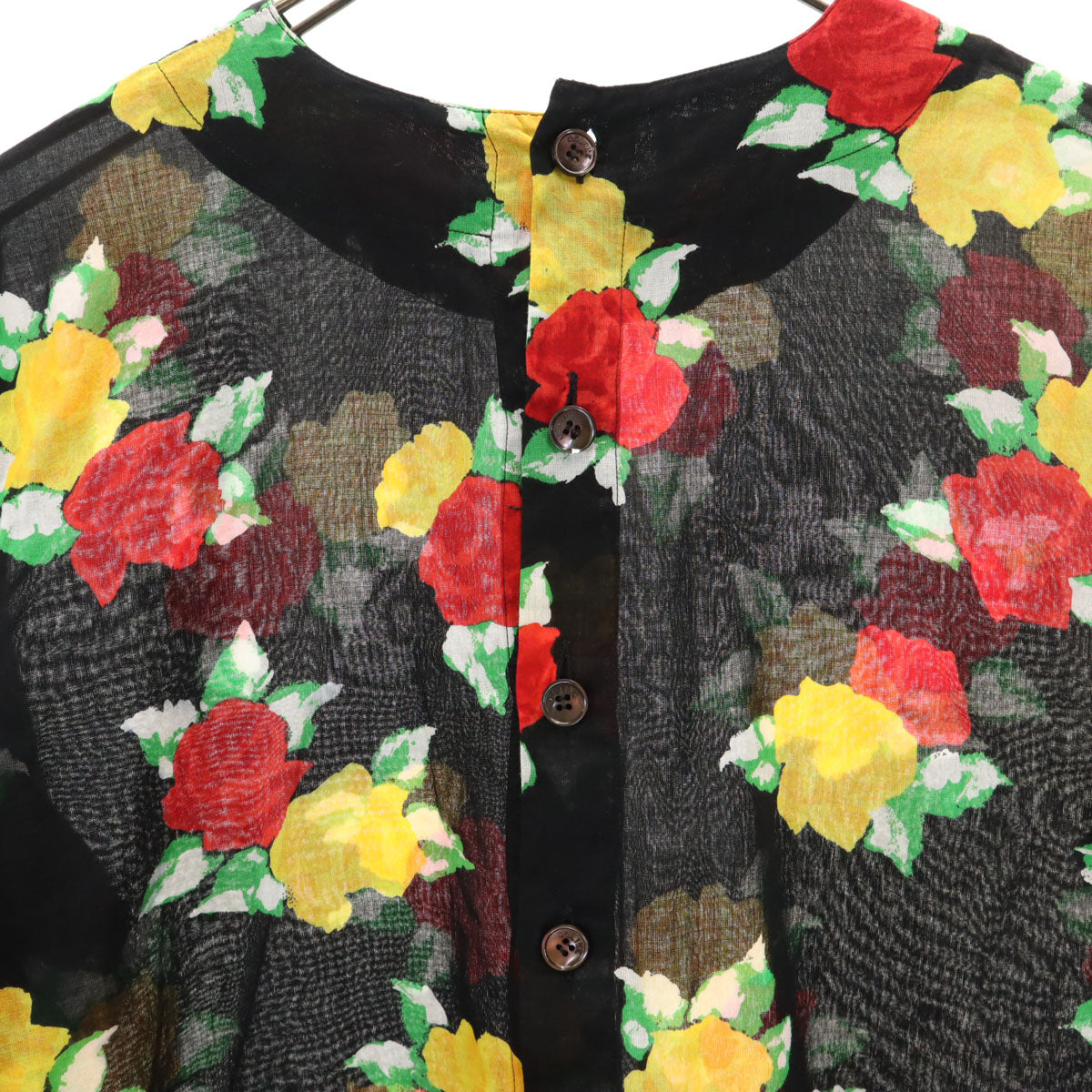 CELINE セリーヌ フランス製 バラ柄 半袖 ノーカラー ブラウス 40 ブラック レディース