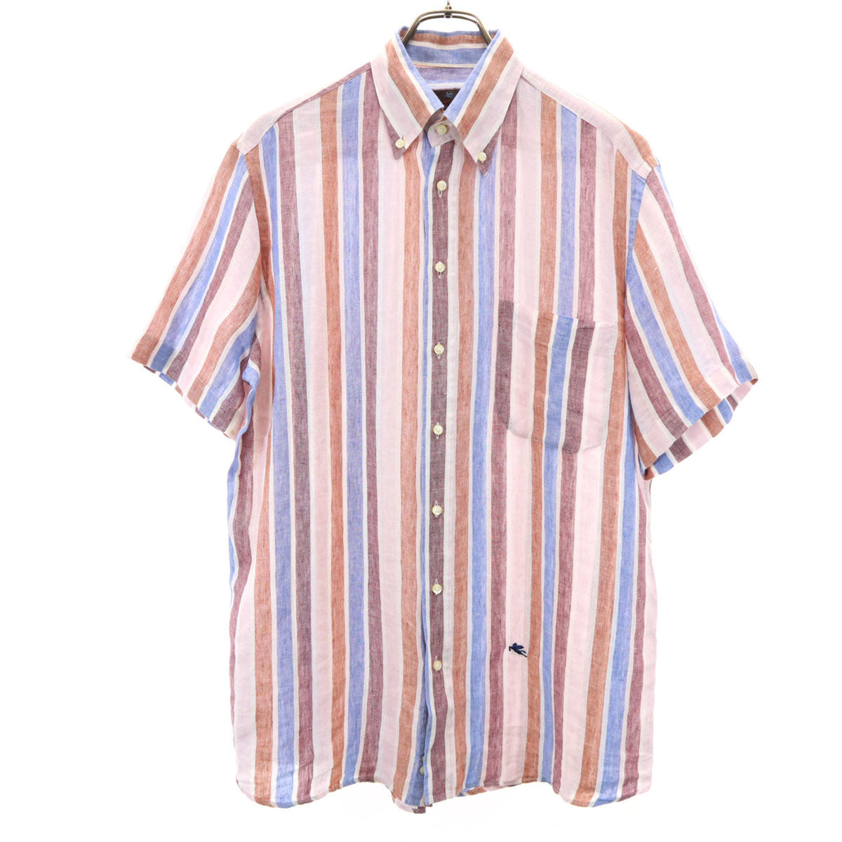 ETRO エトロ イタリア製 リネンブレンド ストライプ柄 半袖 ボタンダウンシャツ 40 マルチ メンズ
