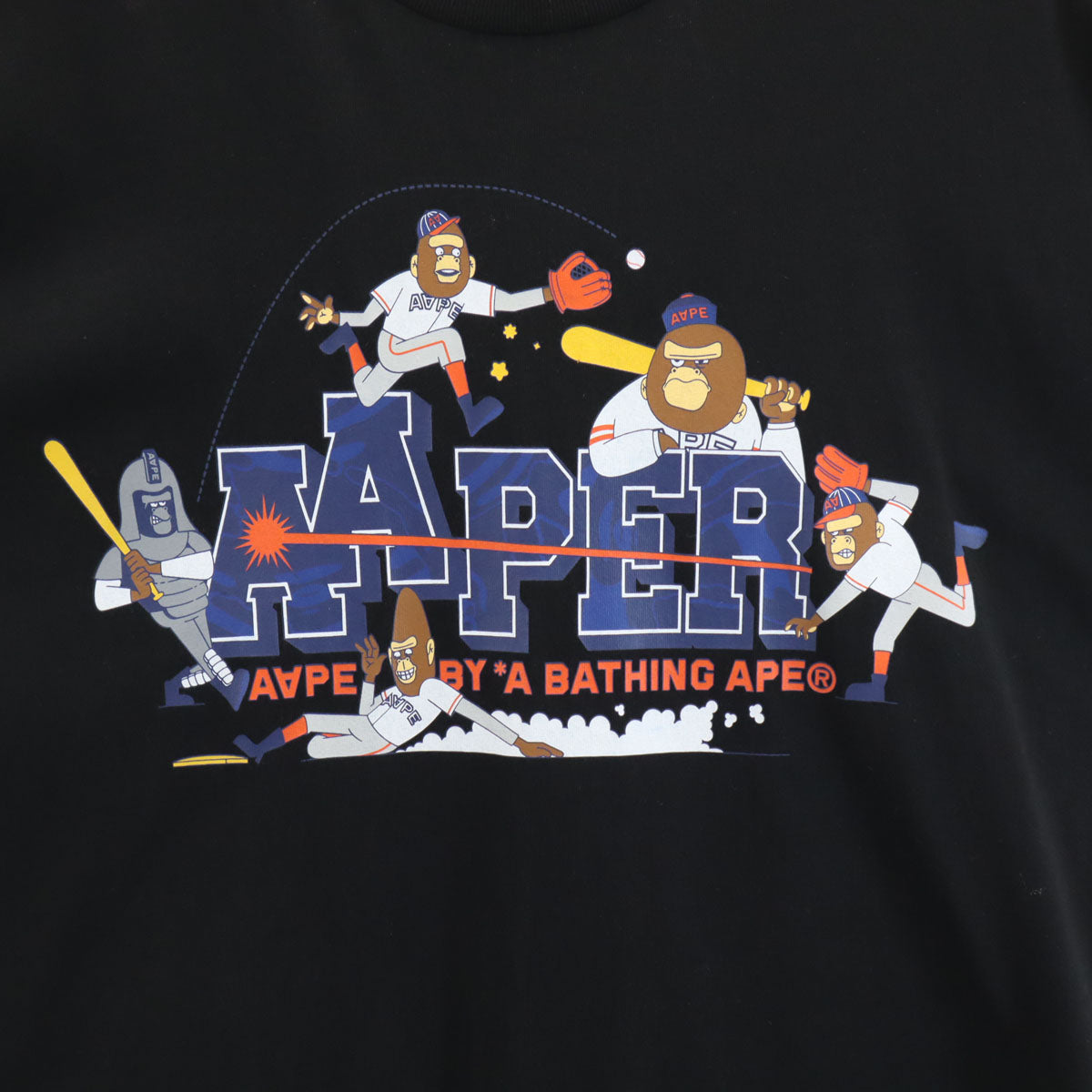 A BATHING APE アベイシングエイプ ベースボール プリント 半袖 Tシャツ L ブラック AAPER メンズ