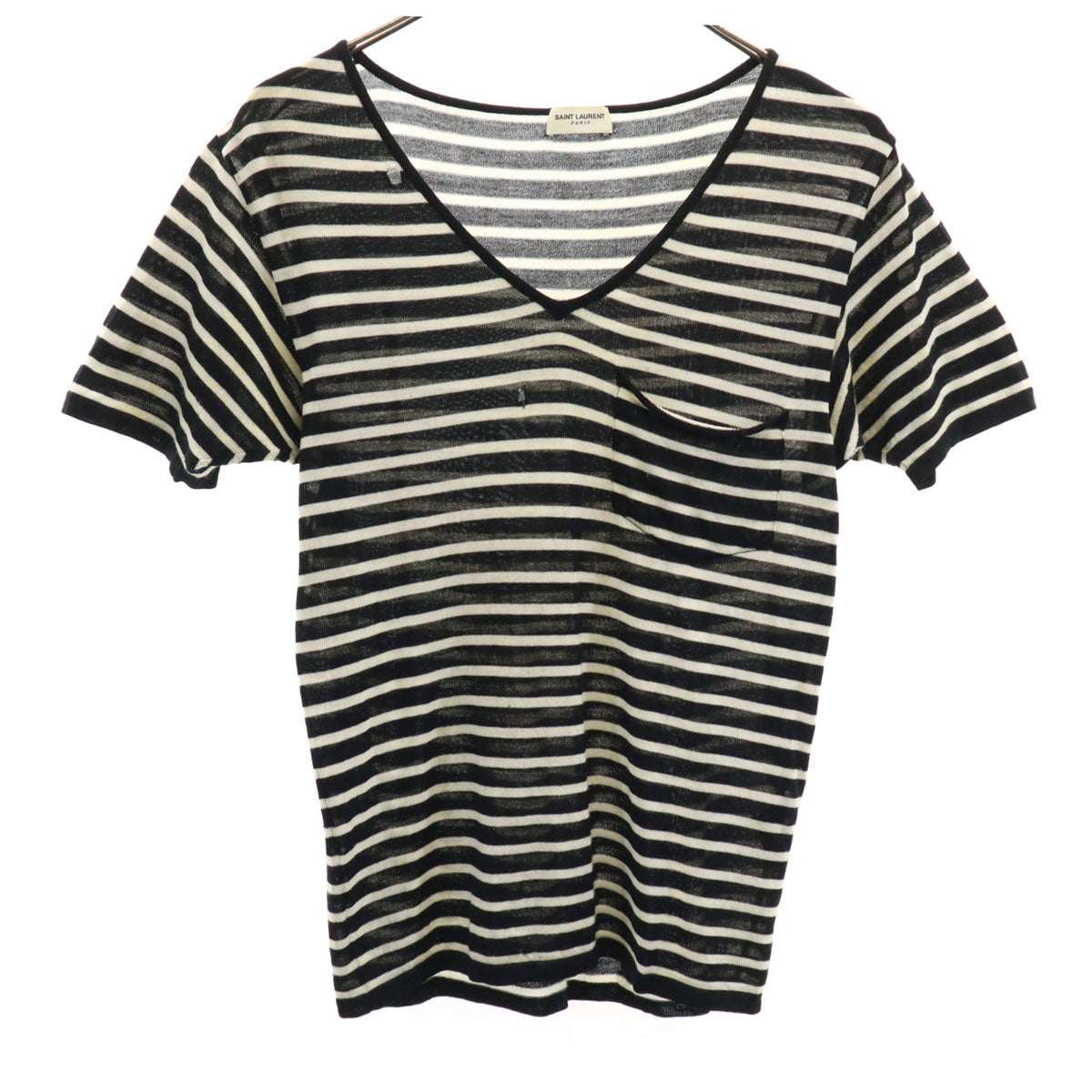 SAINT LAURENT サンローラン イタリア製 ボーダー柄 半袖 Vネック ニット XS ブラック レディース