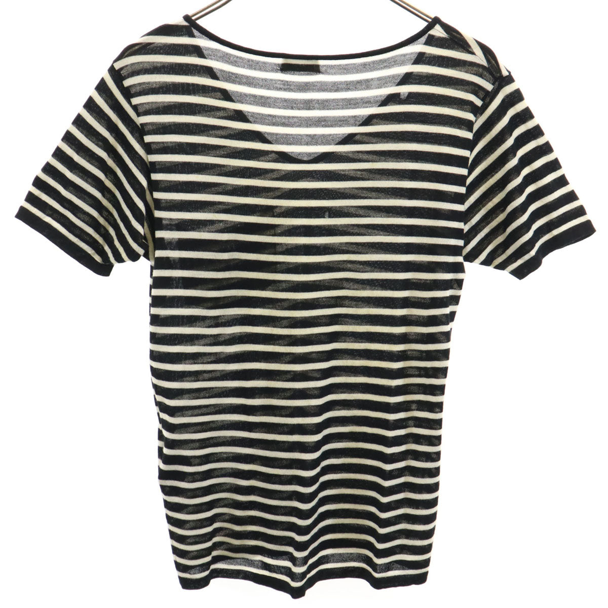 SAINT LAURENT サンローラン イタリア製 ボーダー柄 半袖 Vネック ニット XS ブラック レディース