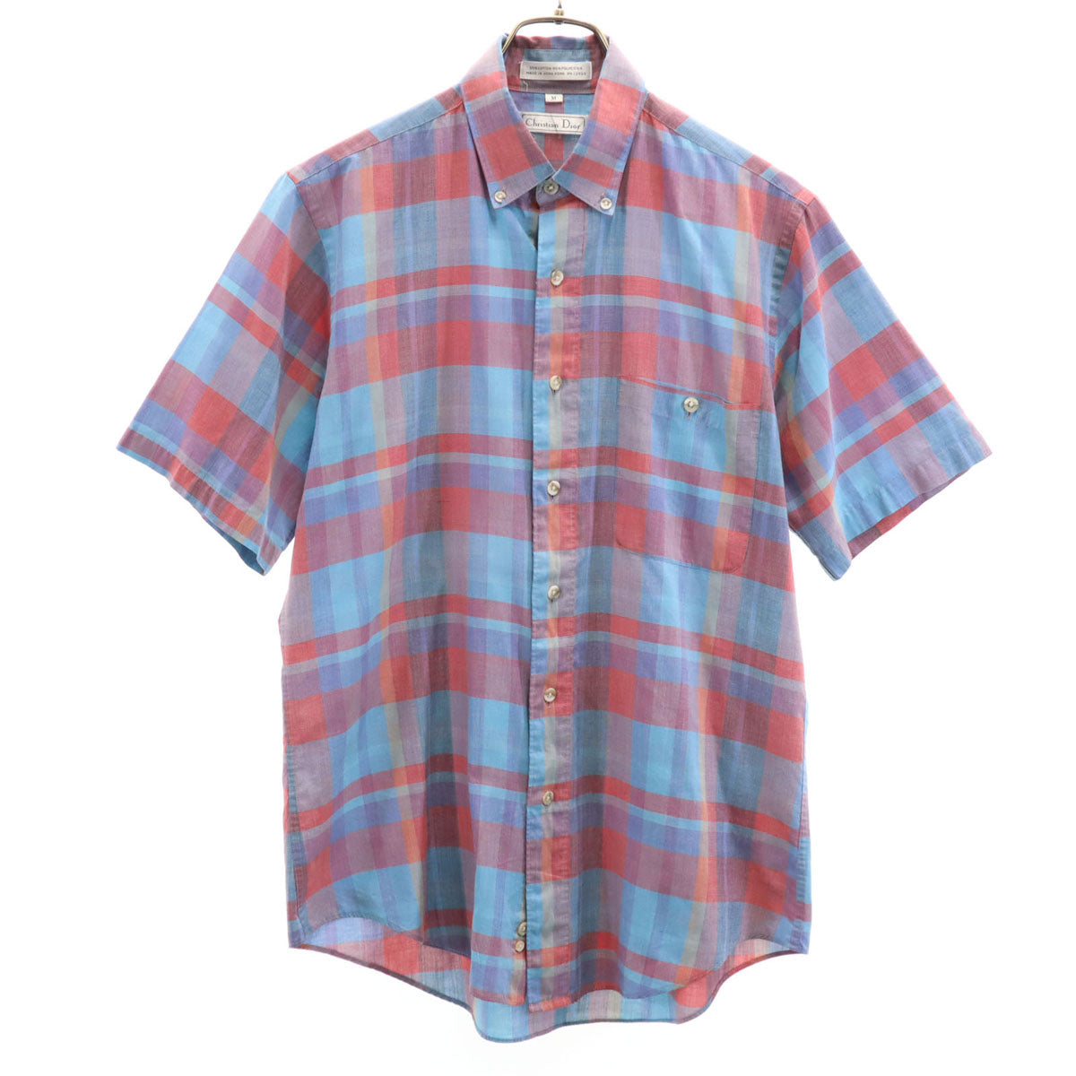 Christian Dior クリスチャンディオール 90s オールド チェック柄 半袖 ボタンダウンシャツ M ブルー メンズ