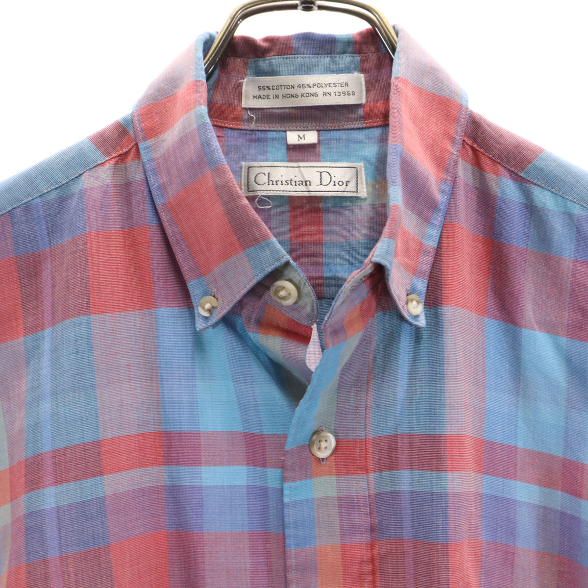 Christian Dior クリスチャンディオール 90s オールド チェック柄 半袖 ボタンダウンシャツ M ブルー メンズ