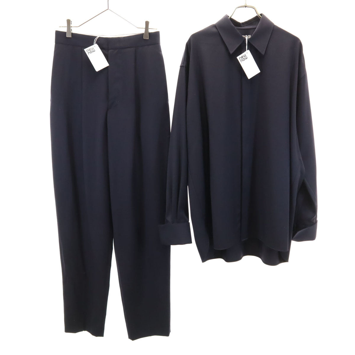 未使用 newnow ニューナウ 日本製 ウール 長袖 シャツ 上下 セットアップ L/M ネイビー メンズ