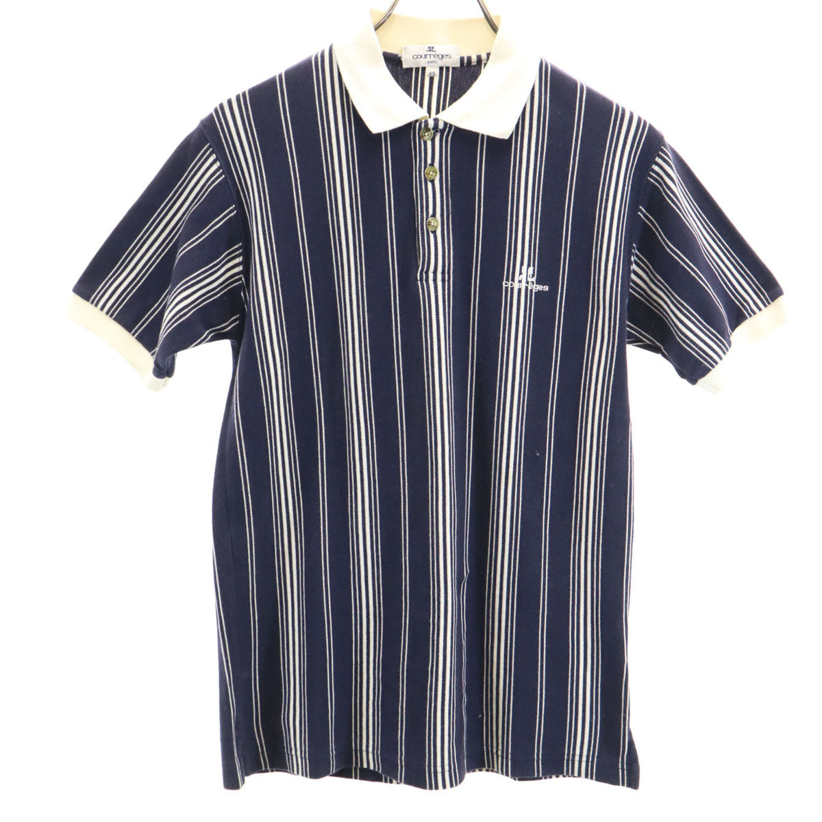 courreges クレージュ ストライプ柄 半袖 ポロシャツ XS ネイビー メンズ