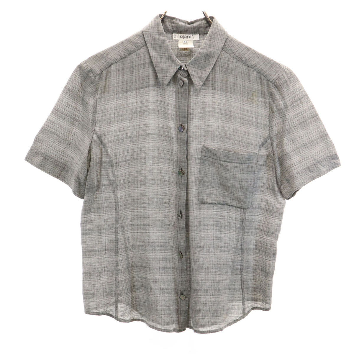 CELINE セリーヌ フランス製 シルクブレンド チェック柄 半袖 シャツ 42 グレー レディース