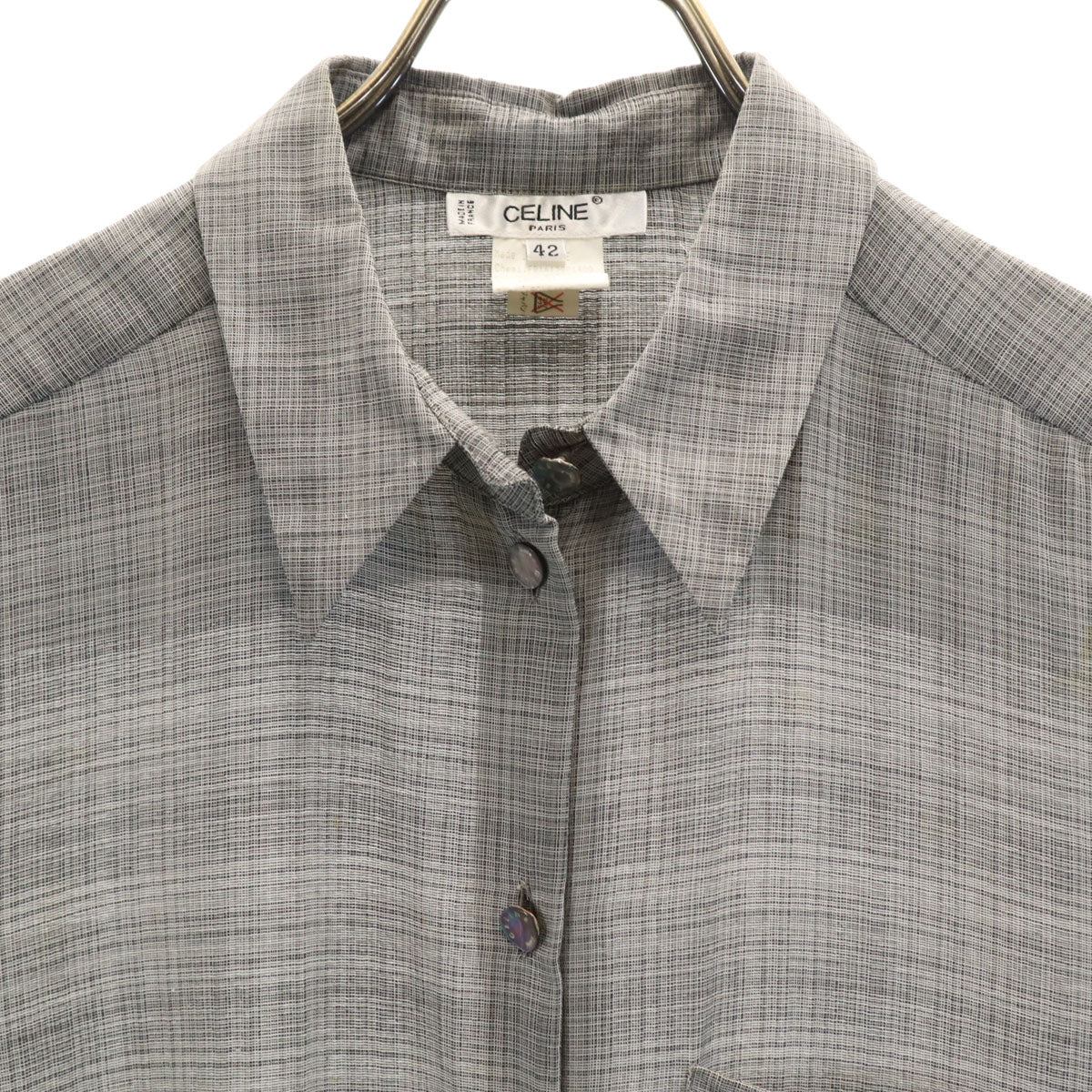 CELINE セリーヌ フランス製 シルクブレンド チェック柄 半袖 シャツ 42 グレー レディース