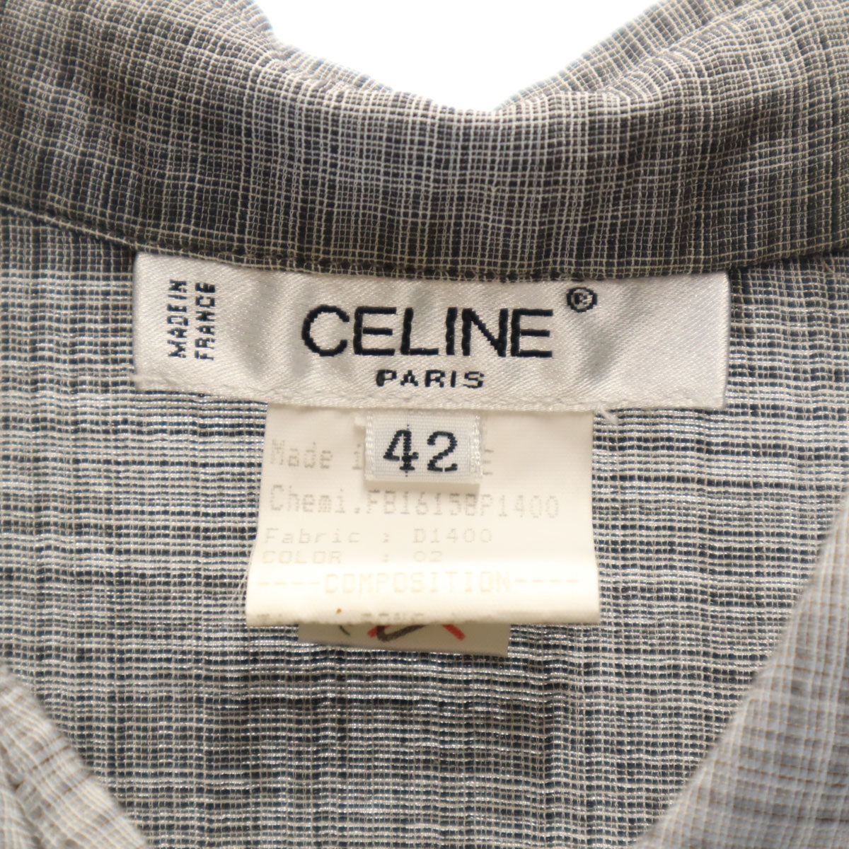 CELINE セリーヌ フランス製 シルクブレンド チェック柄 半袖 シャツ 42 グレー レディース