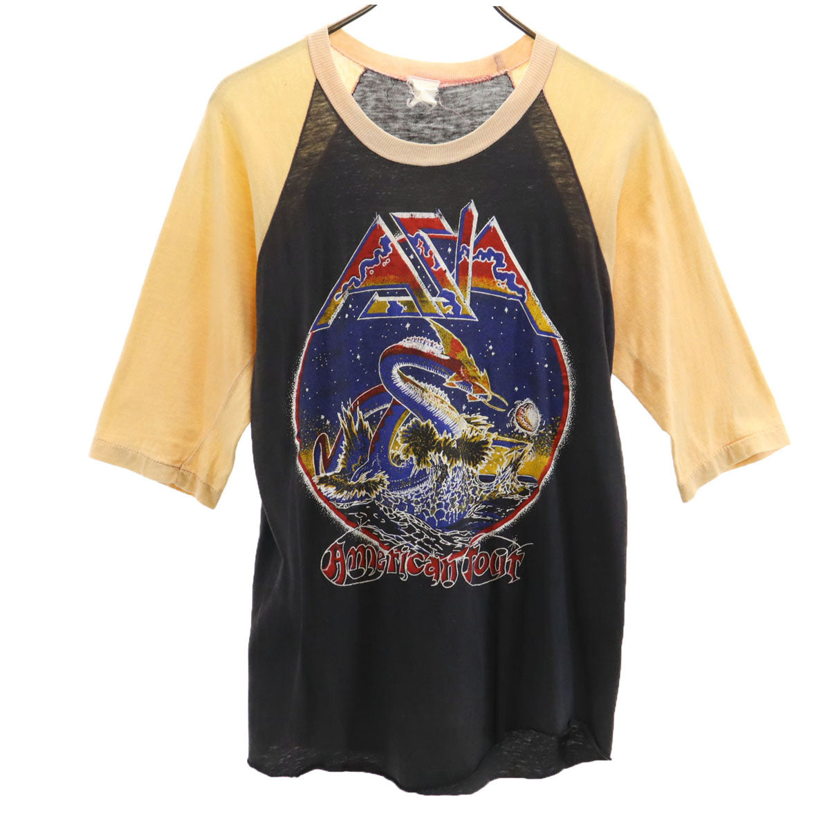 AZIA エイジア 80s パキ綿 5分袖 Tシャツ チャコールグレー バンT ロックバンド エイジア メンズ