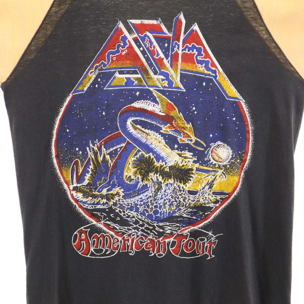 AZIA エイジア 80s パキ綿 5分袖 Tシャツ チャコールグレー バンT ロックバンド エイジア メンズ